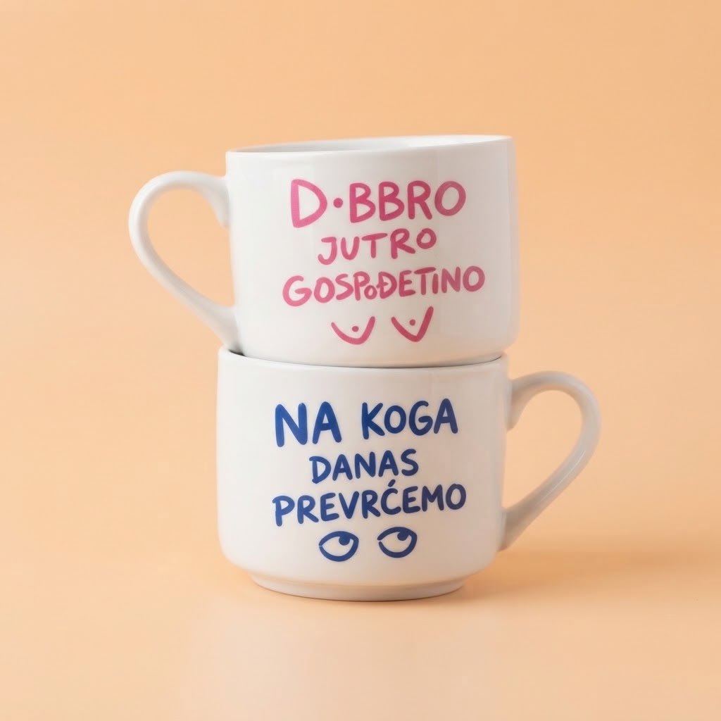 Dve bele šolje sa natpisima Dobro jutro gospođetino i Na koga danas prevrćemo